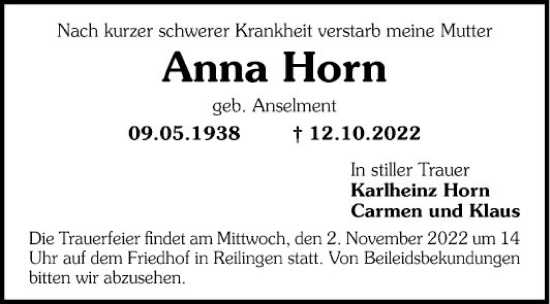 Traueranzeige von Anna Horn von Schwetzinger Zeitung