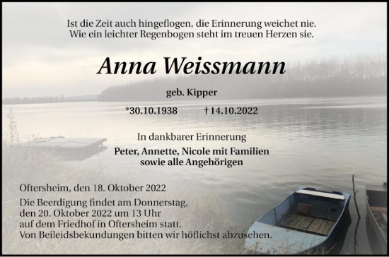 Traueranzeige von Anna Weissmann von Schwetzinger Zeitung