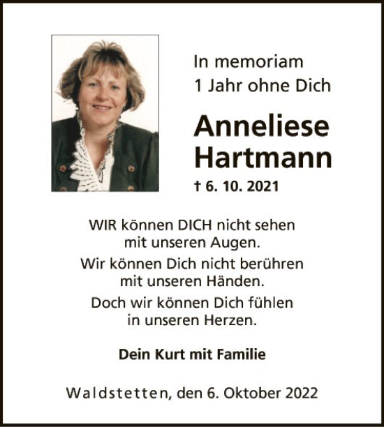 Traueranzeige von Anneliese Hartmann von Fränkische Nachrichten