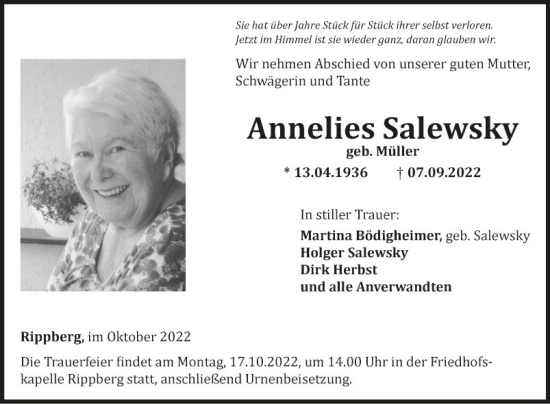 Traueranzeige von Anneliese Salewsky von Fränkische Nachrichten