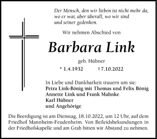 Traueranzeige von Barbara Link von Mannheimer Morgen