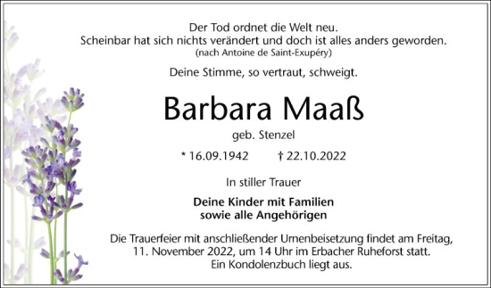 Traueranzeige von Barbara Maaß von Bergsträßer Anzeiger