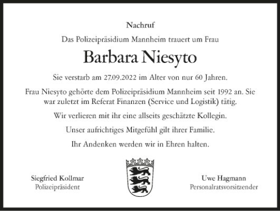 Traueranzeige von Barbara Niesyto von Mannheimer Morgen