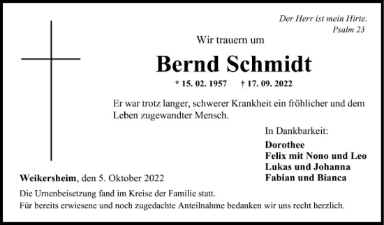 Traueranzeige von Bernd Schmidt von Fränkische Nachrichten