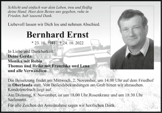 Traueranzeige von Bernhard Ernst von Fränkische Nachrichten