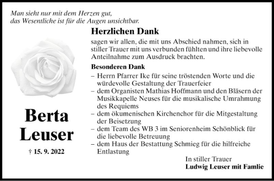 Traueranzeige von Berta Leuser von Fränkische Nachrichten