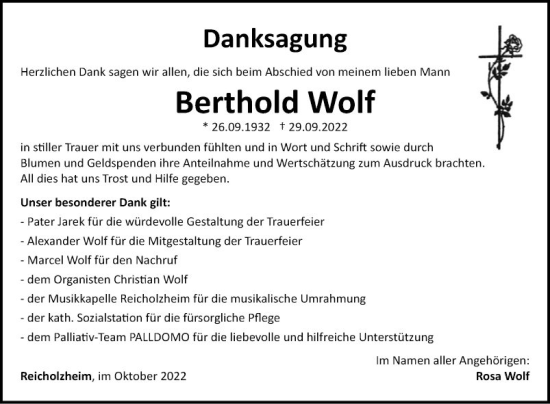 Traueranzeige von Berthold Wolf von Fränkische Nachrichten