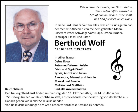 Traueranzeige von Berthold Wolf von Fränkische Nachrichten