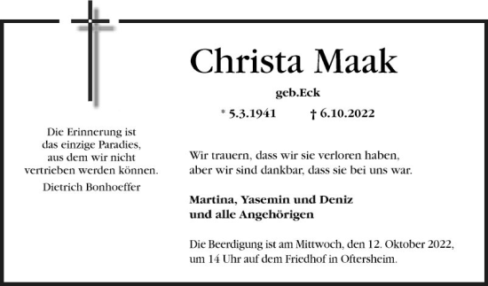 Traueranzeige von Christa Maak von Schwetzinger Zeitung