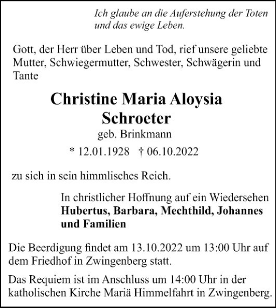 Traueranzeige von Christine Schroeter von Bergsträßer Anzeiger