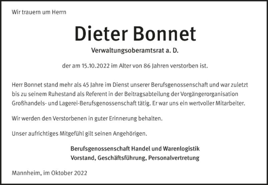 Traueranzeige von Dieter Bonnet von Mannheimer Morgen