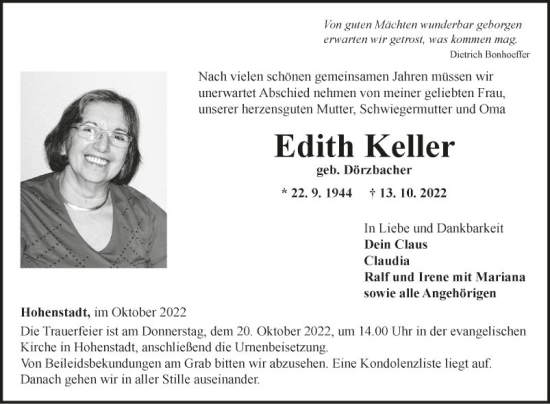 Traueranzeige von Edith Keller von Fränkische Nachrichten