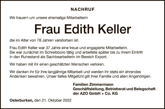 Traueranzeige von Edith Keller von Fränkische Nachrichten