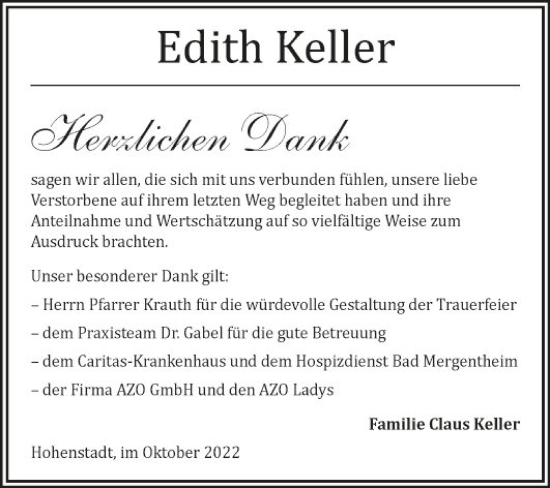 Traueranzeige von Edith Keller von Fränkische Nachrichten