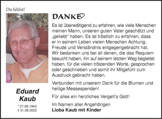 Traueranzeige von Eduard Kaub von Fränkische Nachrichten