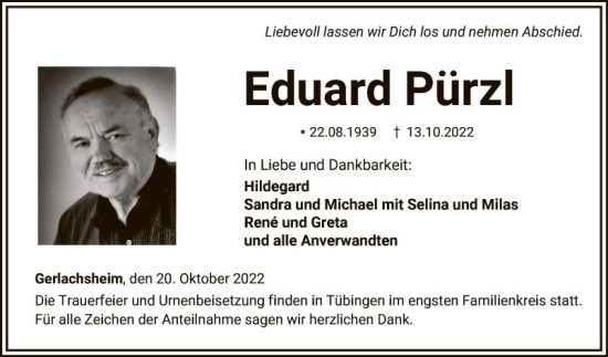 Traueranzeige von Eduard Pürzl von Fränkische Nachrichten