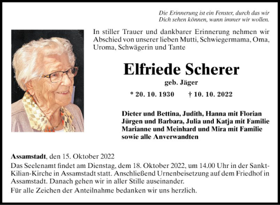 Traueranzeige von Elfriede Scherer von Fränkische Nachrichten