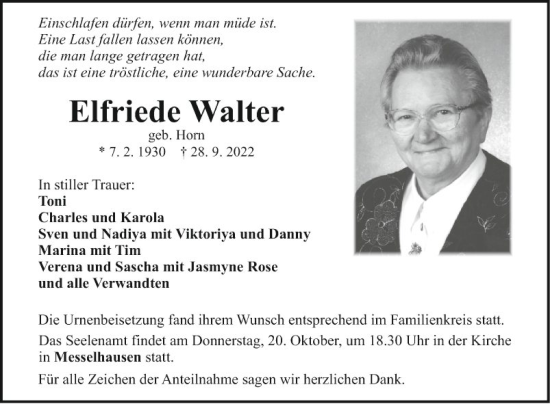 Traueranzeige von Elfriede Walter von Fränkische Nachrichten