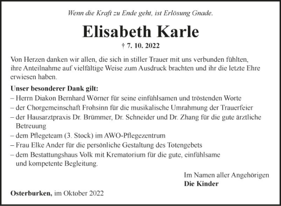 Traueranzeige von Elisabeth Karle von Fränkische Nachrichten