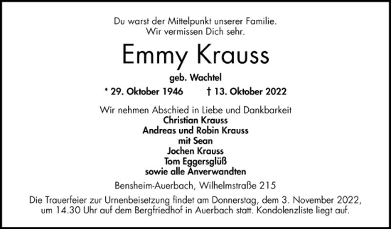 Traueranzeige von Emmy Krauss von Bergsträßer Anzeiger