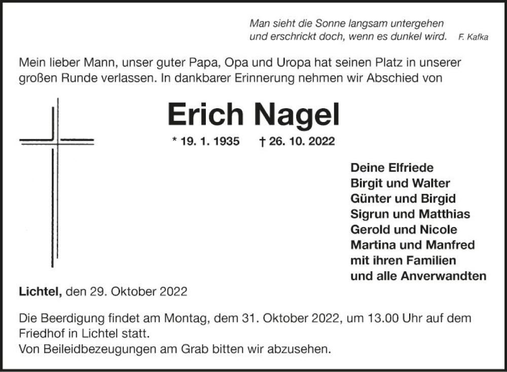  Traueranzeige für Erich Nagel vom 29.10.2022 aus Fränkische Nachrichten