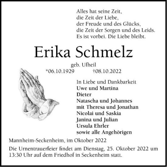 Traueranzeige von Erika Schmelz von Mannheimer Morgen