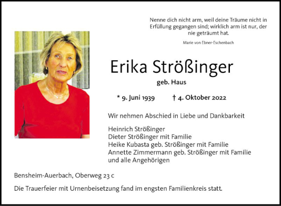 Traueranzeige von Erika Strößinger von Bergsträßer Anzeiger