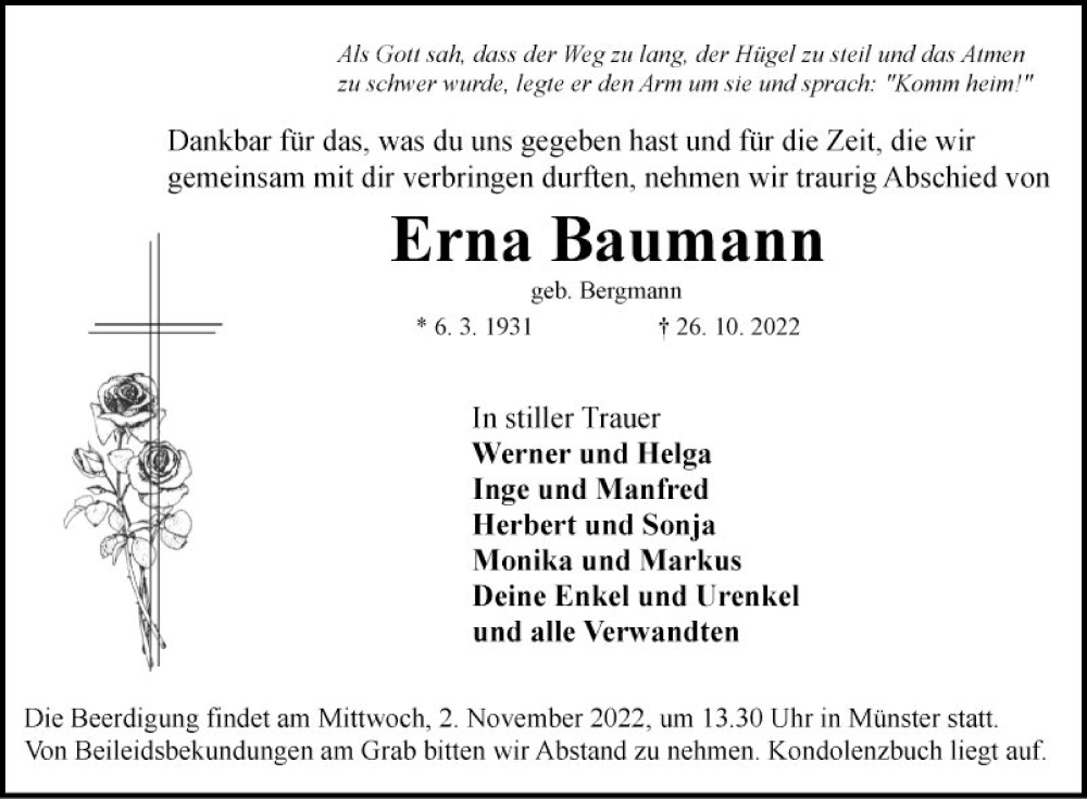  Traueranzeige für Erna Baumann vom 31.10.2022 aus Fränkische Nachrichten