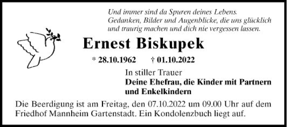  Traueranzeige für Ernest Biskupek vom 06.10.2022 aus Mannheimer Morgen