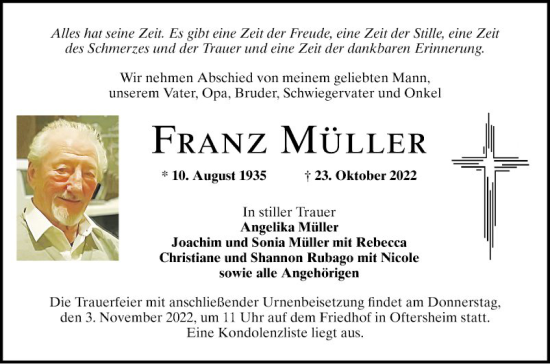 Traueranzeige von Franz Müller von Schwetzinger Zeitung