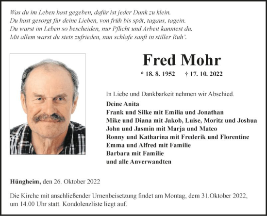 Traueranzeige von Fred Mohr von Fränkische Nachrichten