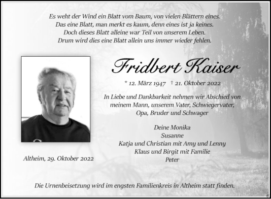 Traueranzeige von Friedbert Kaiser von Fränkische Nachrichten