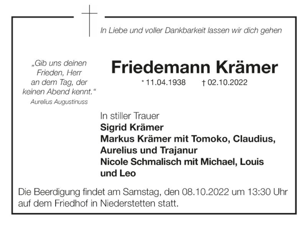  Traueranzeige für Friedemann Krämer vom 06.10.2022 aus Fränkische Nachrichten