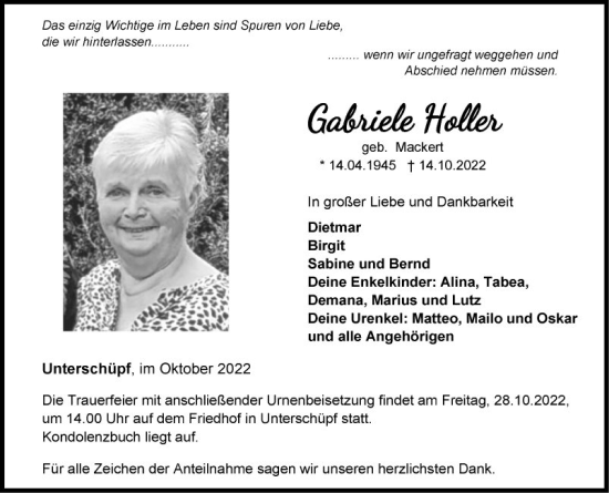 Traueranzeige von Gabriele Holler von Fränkische Nachrichten