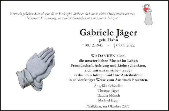 Traueranzeige von Gabriele Jäger von Fränkische Nachrichten