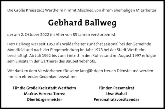 Traueranzeige von Gebhard Ballweg von Fränkische Nachrichten