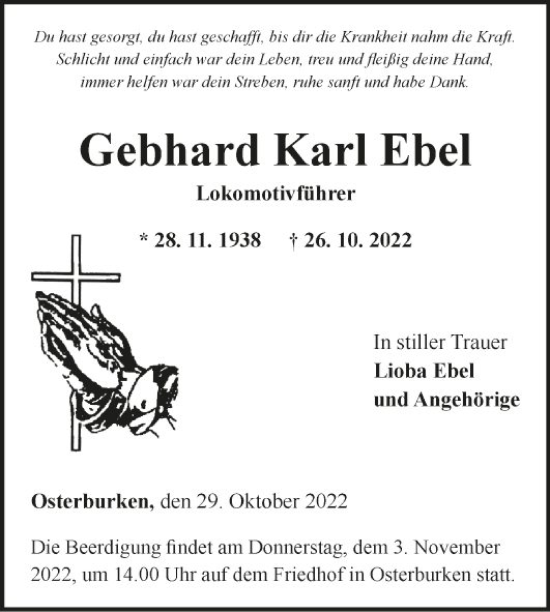 Traueranzeige von Gebhard Karl Ebel von Fränkische Nachrichten