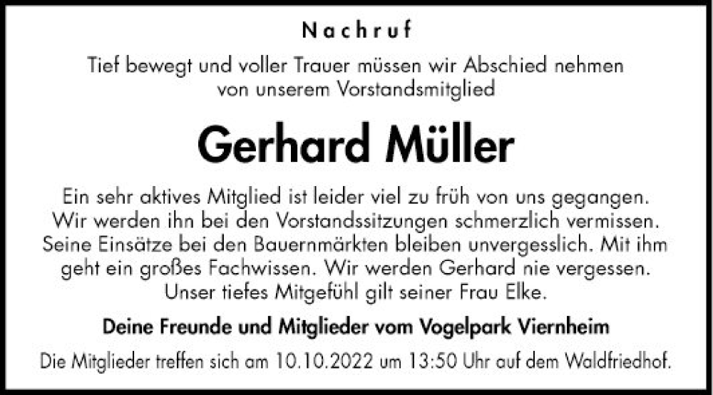  Traueranzeige für Gerhard Müller vom 08.10.2022 aus Mannheimer Morgen