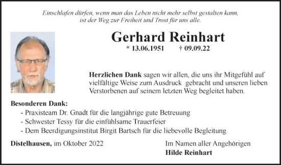 Traueranzeige von Gerhard Reinhart von Fränkische Nachrichten