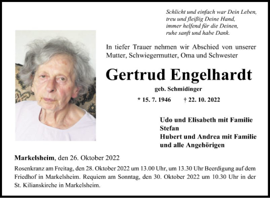 Traueranzeige von Gertrud Engelhardt von Fränkische Nachrichten