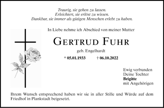 Traueranzeige von Gertrud Fuhr von Schwetzinger Zeitung