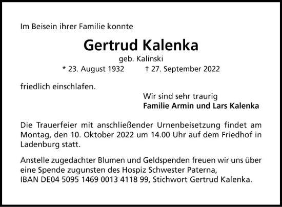 Traueranzeige von Gertrud Kalenka von Mannheimer Morgen