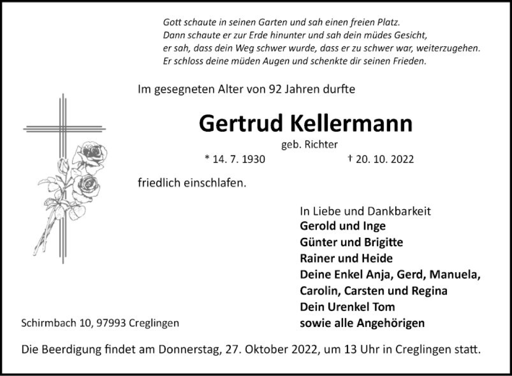  Traueranzeige für Gertrud Kellermann vom 25.10.2022 aus Fränkische Nachrichten