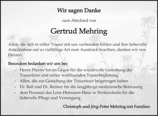 Traueranzeige von Gertrud Mehring von Fränkische Nachrichten