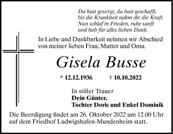 Traueranzeige von Gisela Busse von Mannheimer Morgen