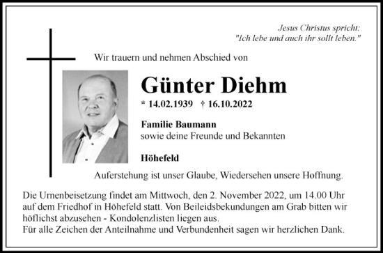 Traueranzeige von Günter Diehm von Fränkische Nachrichten