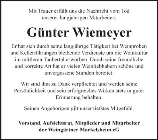 Traueranzeige von Günter Wiemeyer von Fränkische Nachrichten