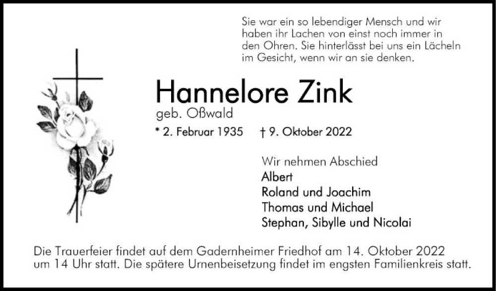  Traueranzeige für Hannelore Zink vom 13.10.2022 aus Bergsträßer Anzeiger