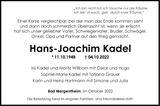 Traueranzeige von Hans-Joachim Kadel von Fränkische Nachrichten