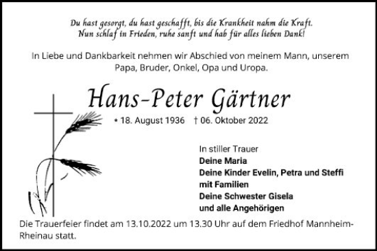 Traueranzeige von Hans-Peter Gärtner von Mannheimer Morgen